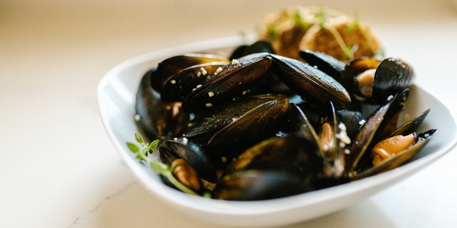 Mediterranean-style mussels with toasted bread and oregano