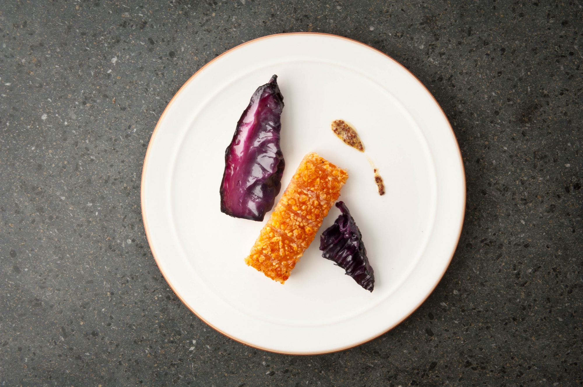 Pork belly, red cabbage and mustard
